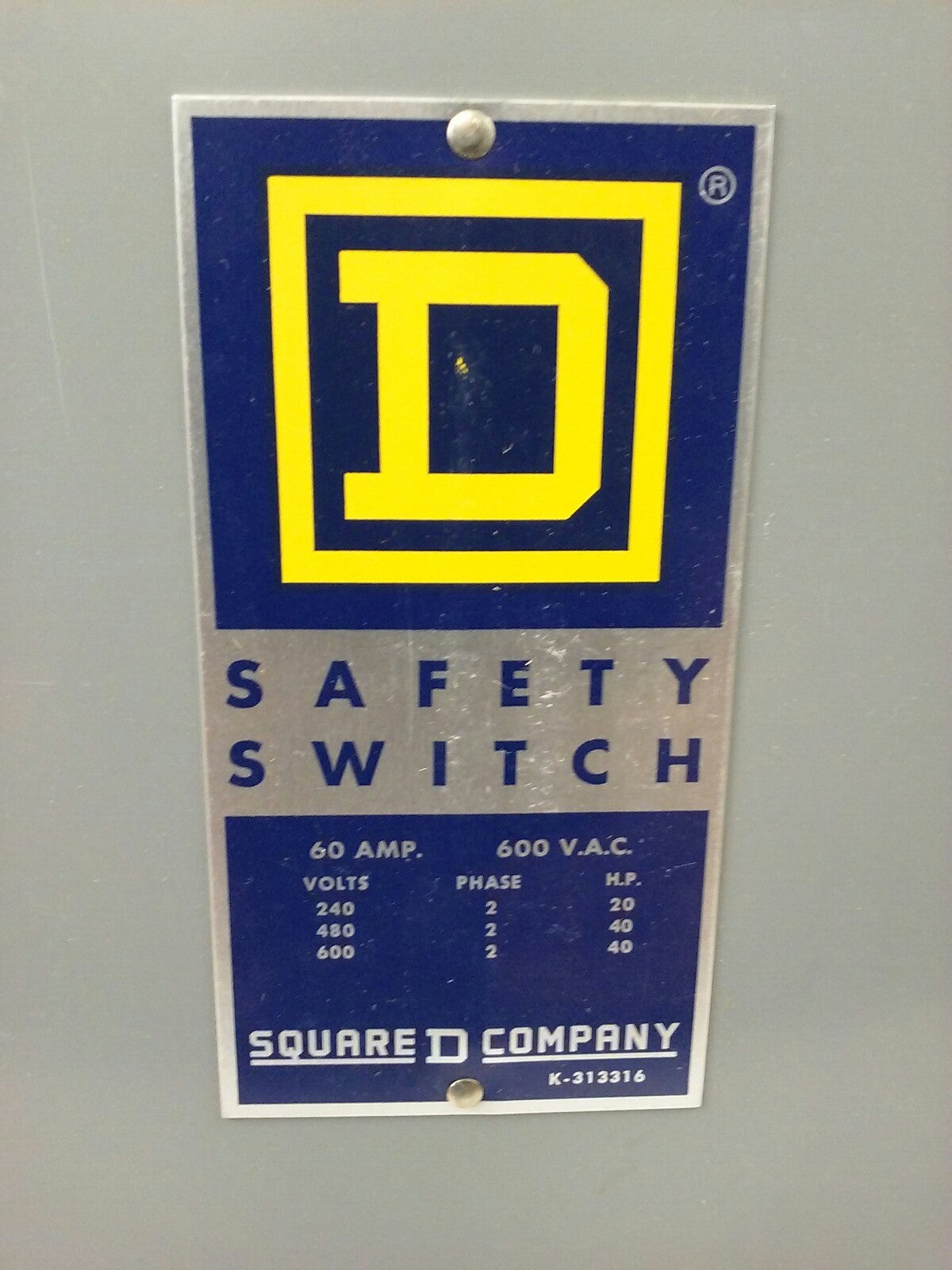 SQ. D HU462EI, SER. A1, H.D. SAFETY SWITCH, 60A, 240/480/600V, 2PH, NON FUSIBILE