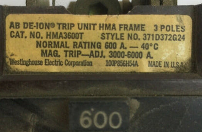 WESTINGHOUSE HMA3600T AB DE-ION TRIP UNIT HMA FRAME 3POLE 600A 371D372G24