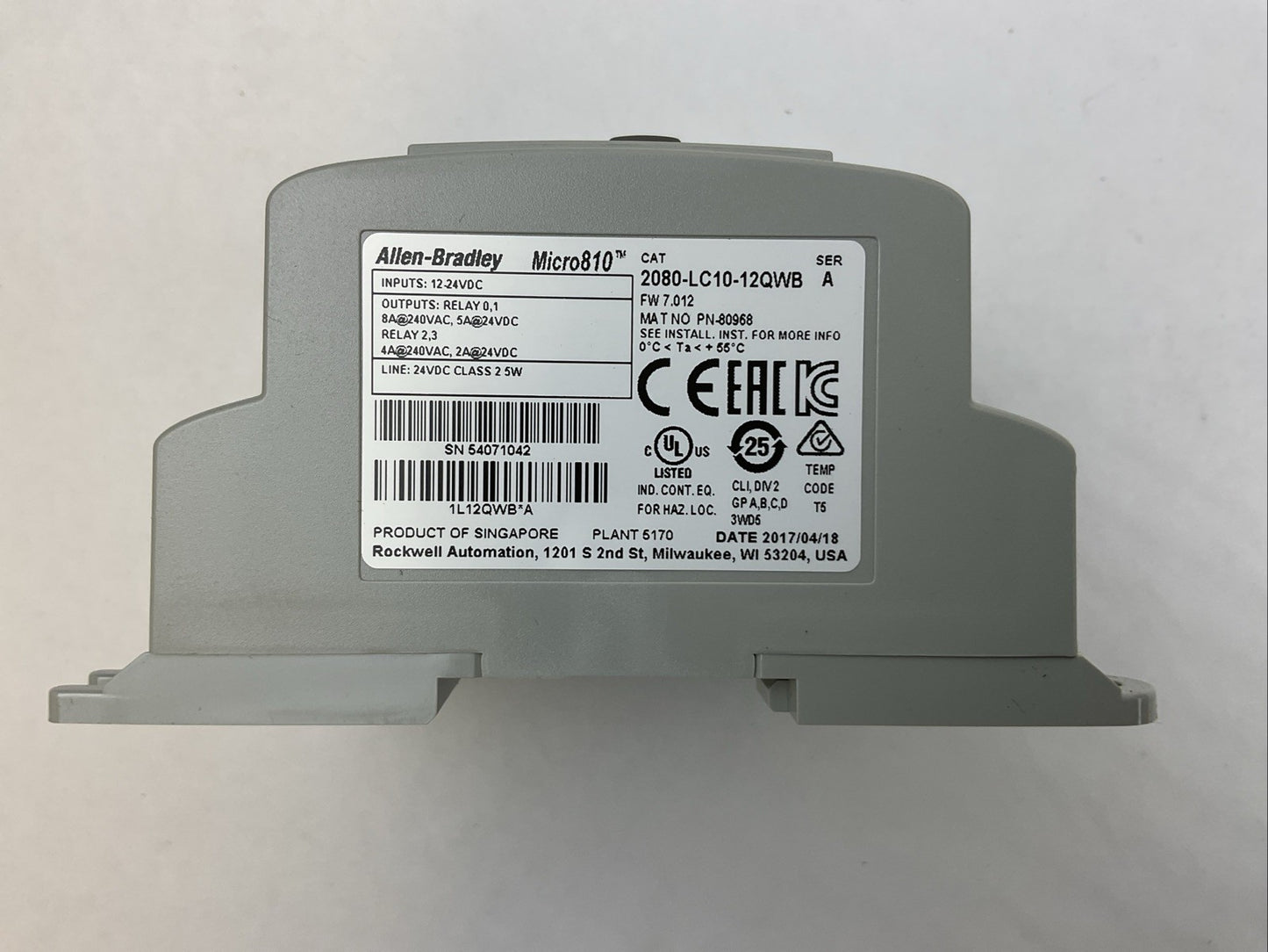 ALLEN BRADLEY 2080-LC10-12QWB SER A FW 7.012 12 I/O SMART RELAY CONTROLLER