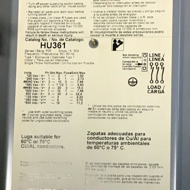 SQUARE D HU361 SAFETY SWITCH SER.F05 30A  TYPE1 ENCLOSURE NON FUSIBLE 600VAC/VDC