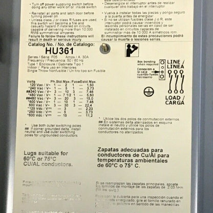 SQUARE D HU361 SAFETY SWITCH SER.F05 30A  TYPE1 ENCLOSURE NON FUSIBLE 600VAC/VDC