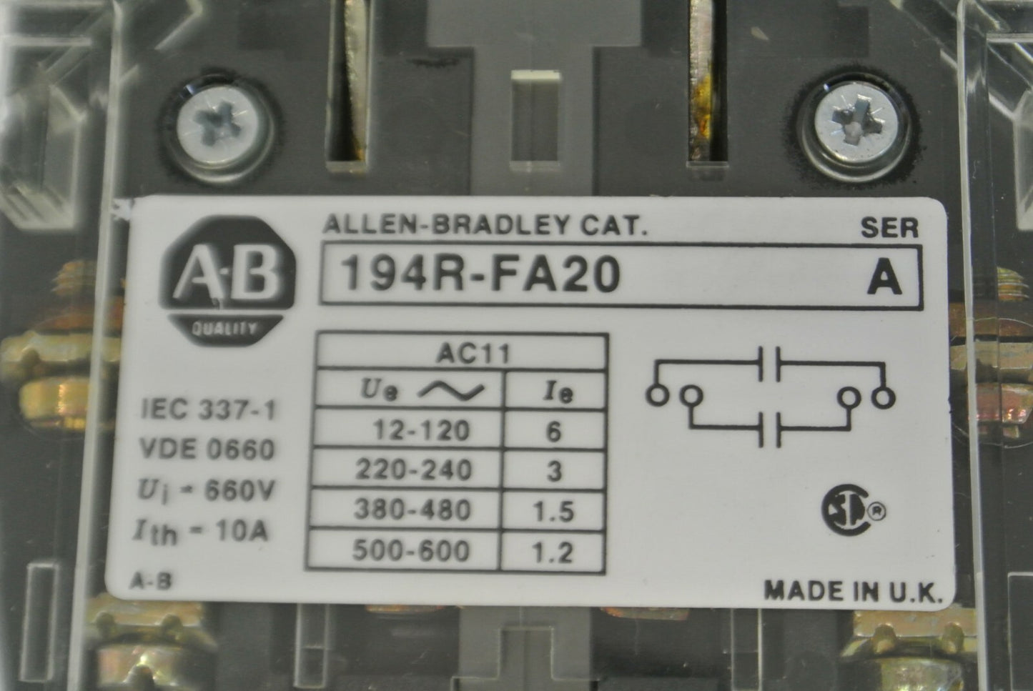 ALLEN-BRADLEY 194R-FA20, Ser. A / AUXILIARY CONTACT / 2 N.C. / NEW SURPLUS