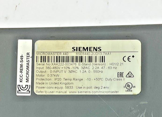 SIEMENS 6SE6440-2UD13-7AA1 FREQUENCY INVERTER MICROMASTER 440 VER.H01/2.21