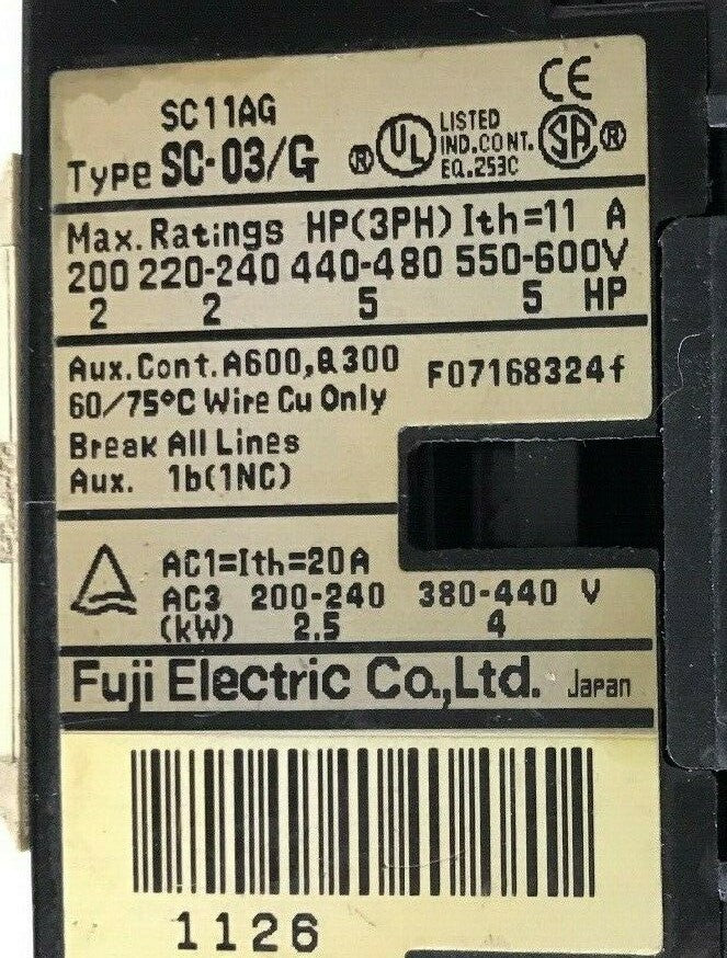 Fuji Electric Contactor SC-03/G SC11AG  200-600V 2-5HP 3 Phase 11AMP 24VDC