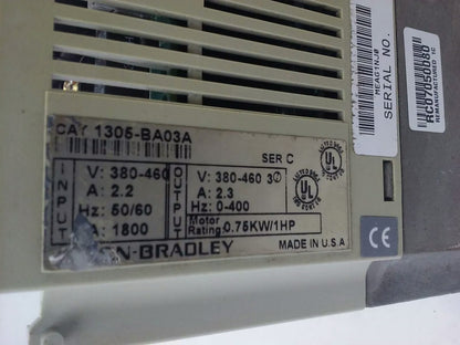 ALLEN BRADLEY 1305-BA03A SER. C, AC DRIVE, INPUT: 380/460V, 2.2A, 50/60HZ, PARTS