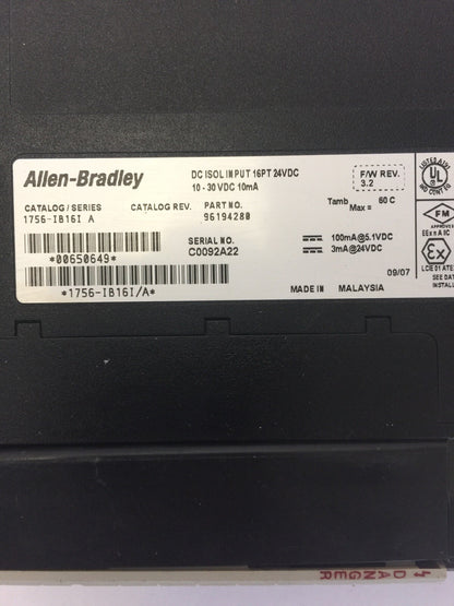 ALLEN BRADLEY 1756-IB16I DC ISOL INPUT MODULE 16PT 24VDC SER A F/W REV 3.2