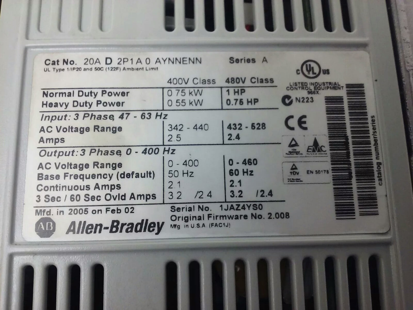 ALLEN BRADLEY POWER FLEX 70 20A-D2P1A0AYNNENN SER. A,3PH,480V, 1HP, W/ 20-HIM-A3
