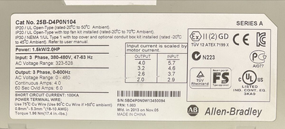 ALLEN BRADLEY 25B-D4P0N104 AC DRIVE FRN 1.003 SER A OUTPUT 0-460VAC