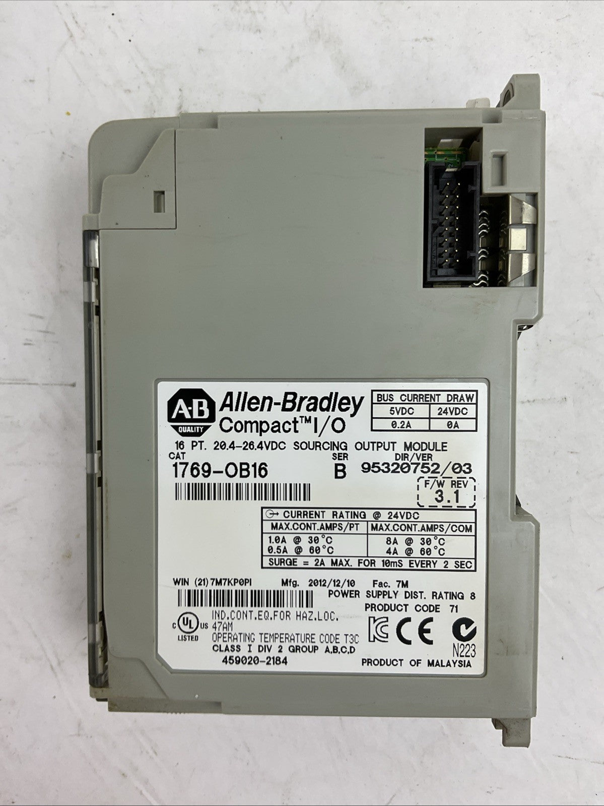 ALLEN BRADLEY 1769-OB16 SER B F/W REV 3.1 DIR/VER 95320752/03 16PT 20.4-26.4VDC