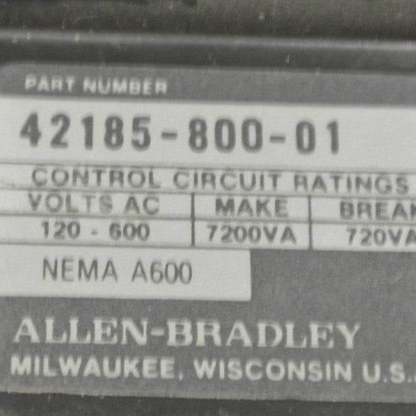 ALLEN-BRADLEY 42185-800-01 OVERLOAD RELAY 120-600VAC - MAKE 7200VA, BREAK 720VA