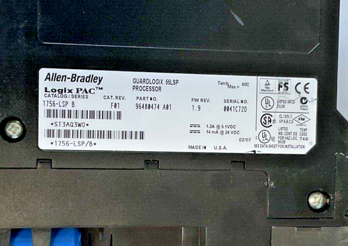 ALLEN BRADLEY 1756-LSP B GUARDLOGIX 55LSP PROCESSOR CAT REV.F01 F/W REV. 1.9