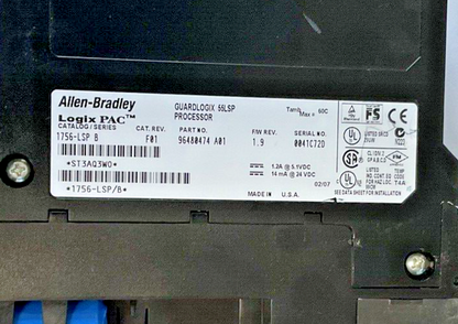 ALLEN BRADLEY 1756-LSP B GUARDLOGIX 55LSP PROCESSOR CAT REV.F01 F/W REV. 1.9