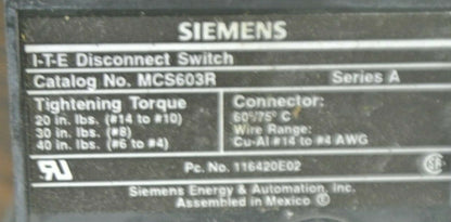 SIEMENS MCS603R / I-T-E / DISCONNECT SWITCH / 30A / 600V / 3-POLE / NEW SURPLUS