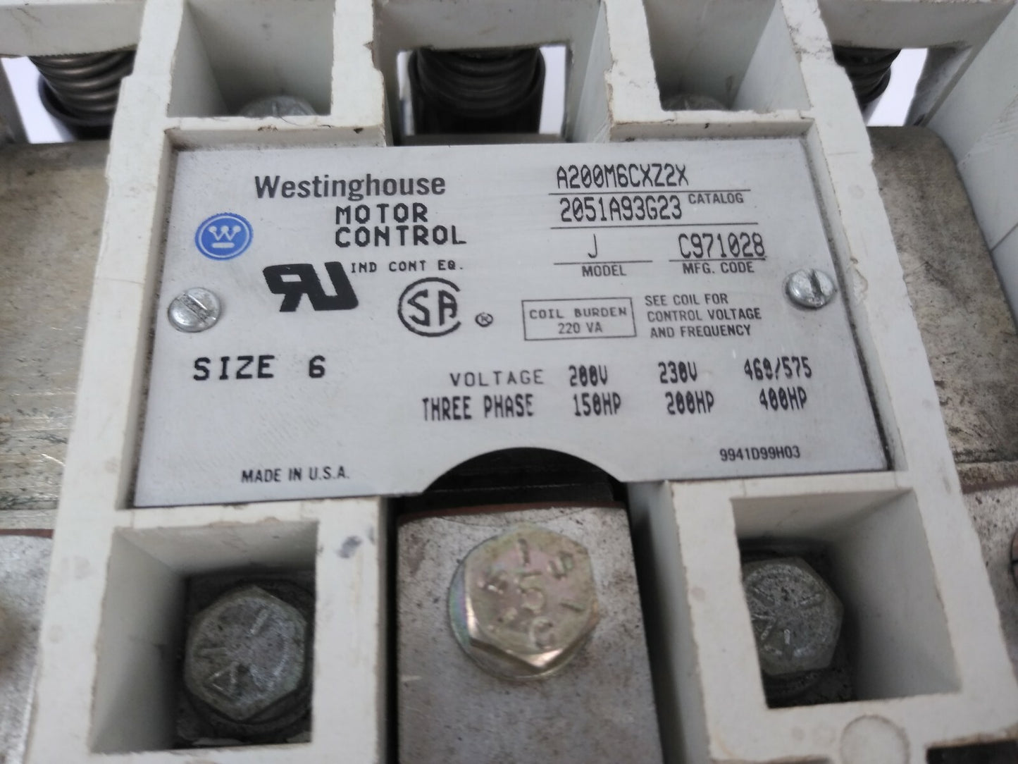 WESTINGHOUSE A200M6CXZ2X MOTOR CONTROL SIZE 6 3PH 400HP 600V