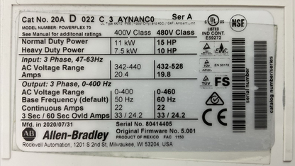 ALLEN BRADLEY 20AD022C3AYNANC0 SER A FIRMWARE NO. 5.001 AC DRIVE OUTPUT 0-460VAC