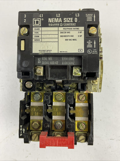 SQUARE D 8536SBG2 SIZE 0 STARTER 600VAC 5HP B14 HEATERS 31041-400-42 COIL 120V