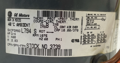 GE MOTORS 5KCP39SGL794 S 3/4HP 1075RPM 460V 60HZ 2.03A 1PH