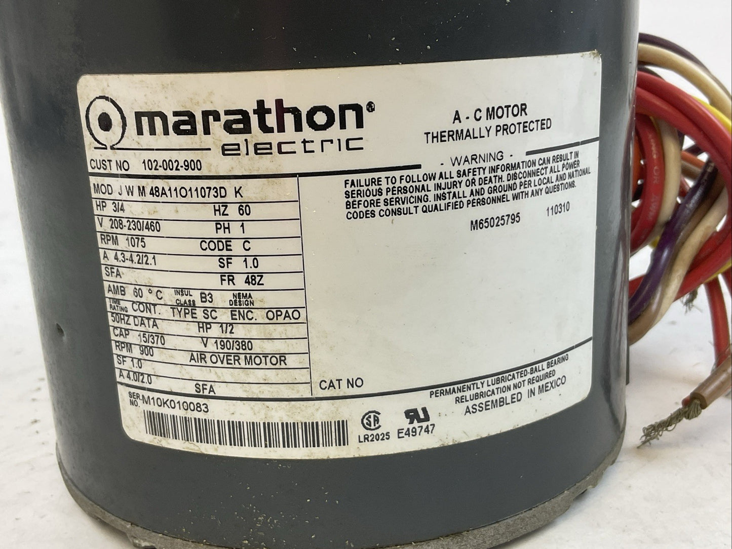 MARATHON MOD J W M 48A11O11073D K AC MOTOR 3/4HP 208-230/460V 1PH 1075RPM