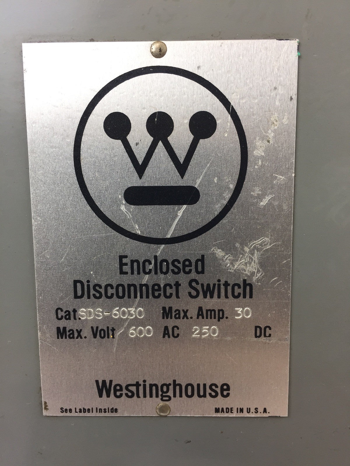 WESTINGHOUSE SDS-6030 30 MAX AMP MAX VOLT 600 AC 250 DC DISCONNECT SWITCH 6 POLE