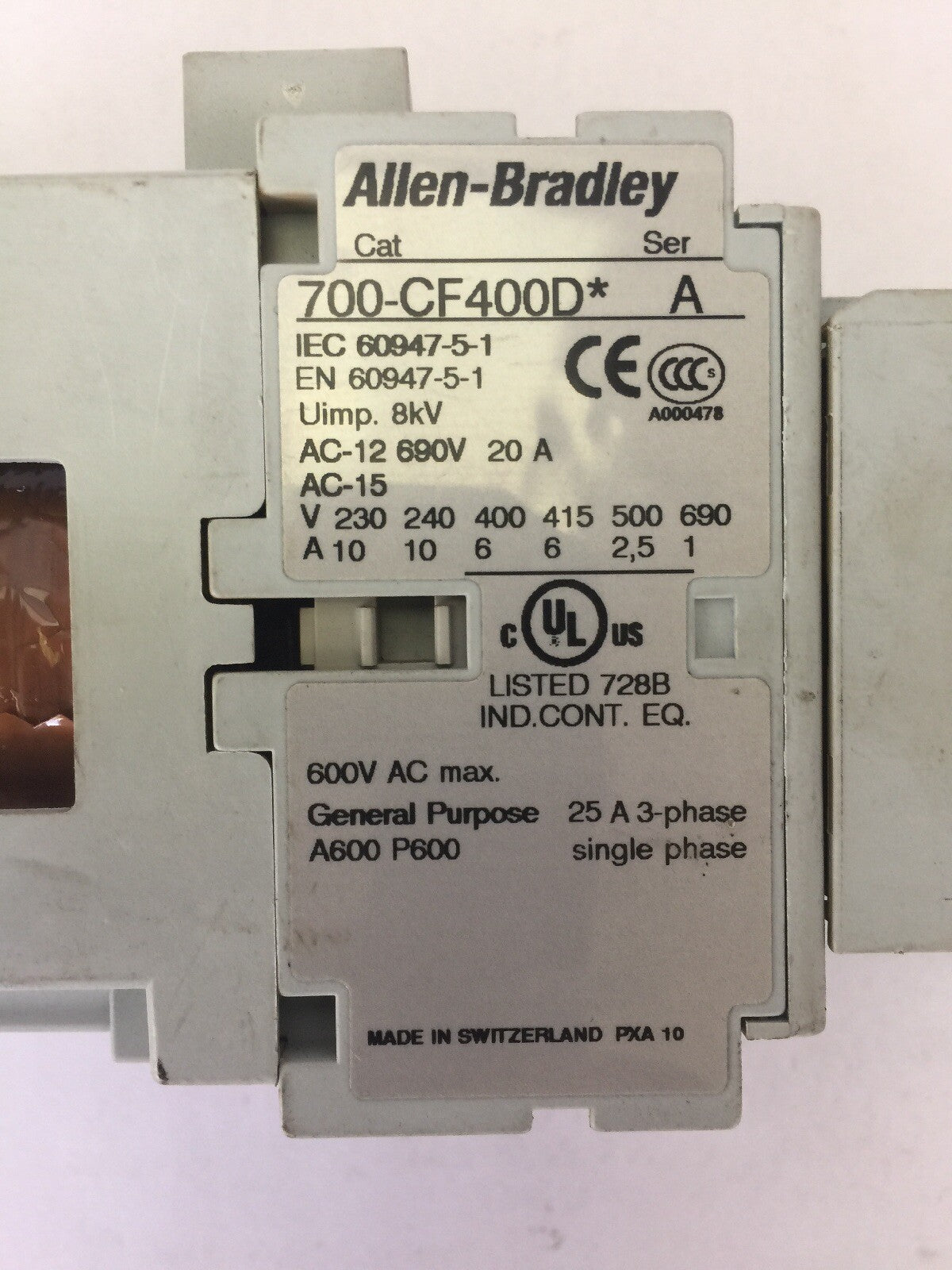 ALLEN BRADLEY 700-CF400D* CONTACTOR  600VAC 25A COIL 24VDC 100-F