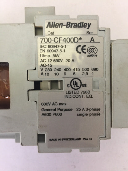 ALLEN BRADLEY 700-CF400D* CONTACTOR  600VAC 25A COIL 24VDC 100-F