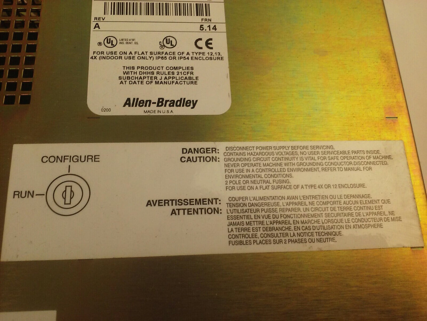 ALLEN BRADLEY 2711E-T10C6 SER. D REV. A  PANELVIEW 1000E TERMINAL FRN 5.14