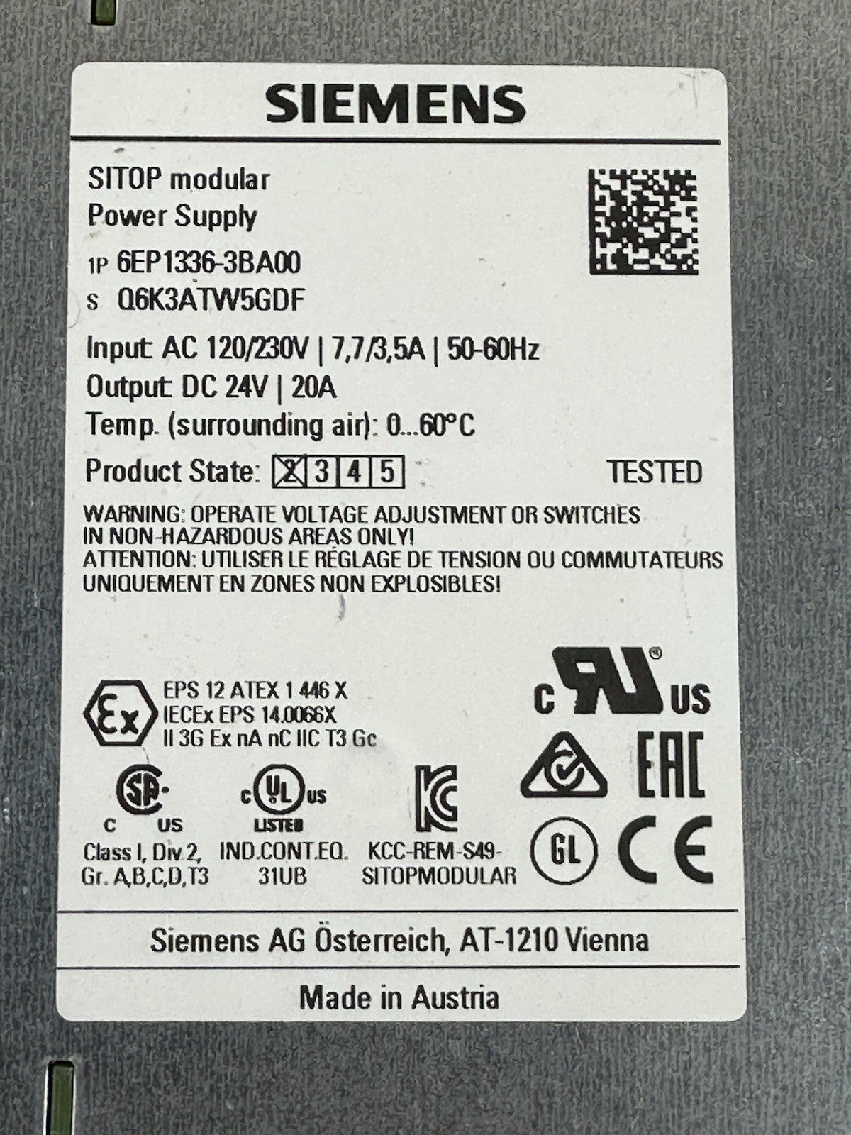 SIEMENS SITOP 6EP1336-3BA00 POWER SUPPLY 24VDC 20A 1PH 100-240VAC