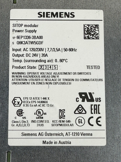 SIEMENS SITOP 6EP1336-3BA00 POWER SUPPLY 24VDC 20A 1PH 100-240VAC