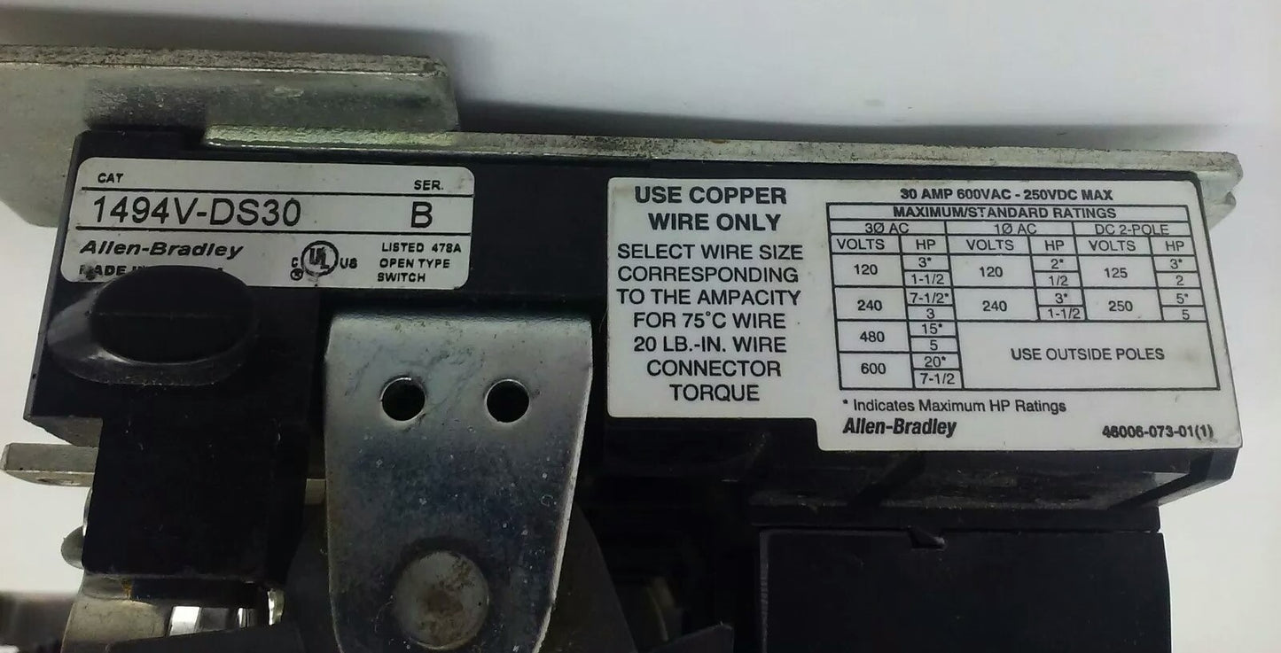 ALLEN BRADLEY 1494V-DS30 SER. B, FUSIBLE SWITCH, 3PH, 3P, 30A, 600V