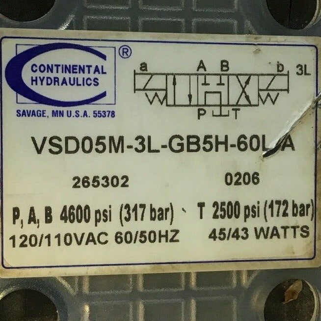 CONTINENTAL HYDRAULICS VSD05M-3L-GB5H-60L-A DIRECTIONAL VALVE 120/110VAC60/50HZ
