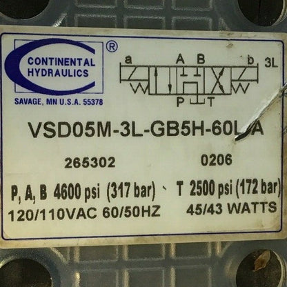CONTINENTAL HYDRAULICS VSD05M-3L-GB5H-60L-A DIRECTIONAL VALVE 120/110VAC60/50HZ