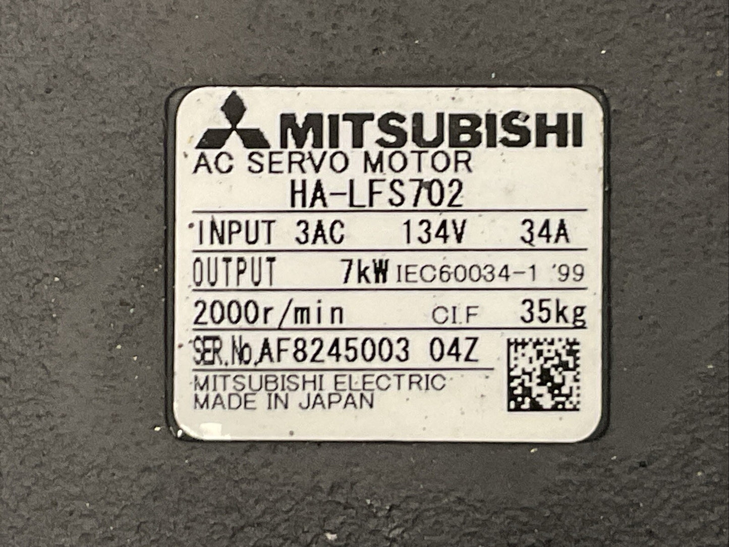MITSUBISHI HA-LFS702 AC SERVO MOTOR 2000RPM OUTPUT  7kW INPUT 134VAC 34A