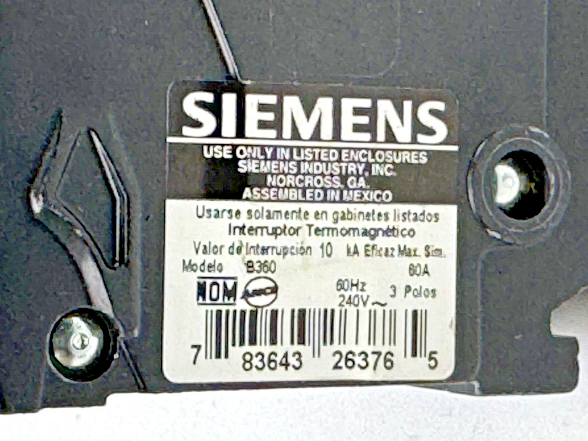SIEMENS - B360 - BOLT-ON CIRCUIT BREAKER -3 POLE/ 240VAC/ 60A/ 10kA - NEW