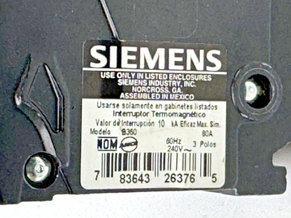 SIEMENS - B360 - BOLT-ON CIRCUIT BREAKER -3 POLE/ 240VAC/ 60A/ 10kA - NEW