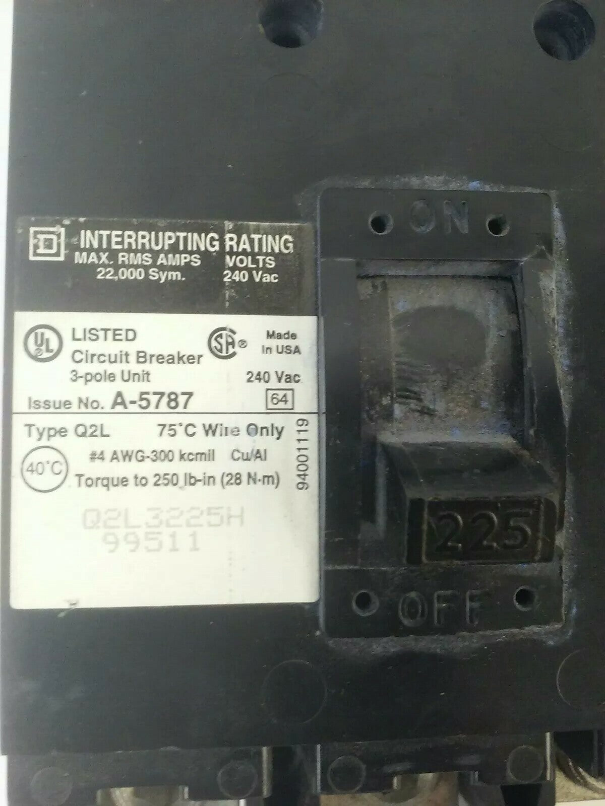 SQUARE D Q2L3225H CIRCUIT BREAKER 3P 225A 240VAC TYPE Q2L