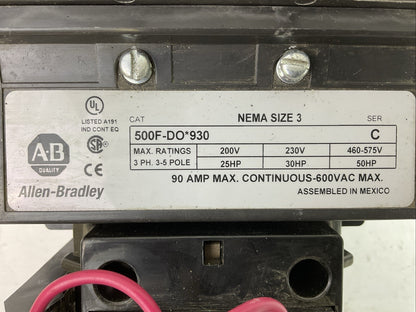 ALLEN BRADLEY 500F-DO*930 SIZE 3 STARTER 90A 600VAC 3PH 50HP CD236 COIL 115-120V