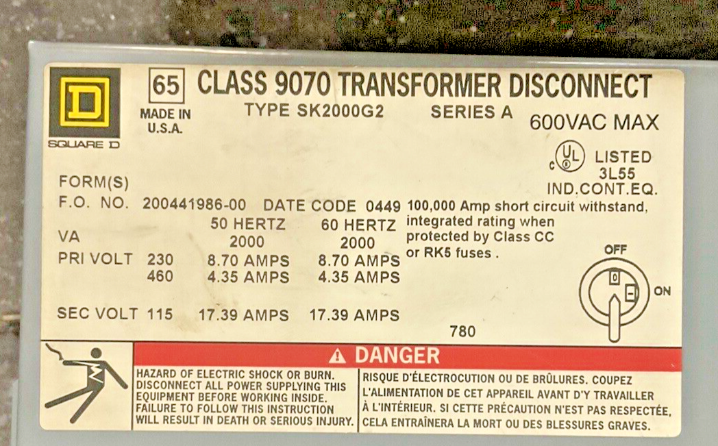 SQUARE D SK2000G2 TRANSFORMER DISCONNECT SER.A 600VAC 50/60HZ 17.39A