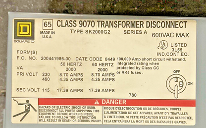SQUARE D SK2000G2 TRANSFORMER DISCONNECT SER.A 600VAC 50/60HZ 17.39A