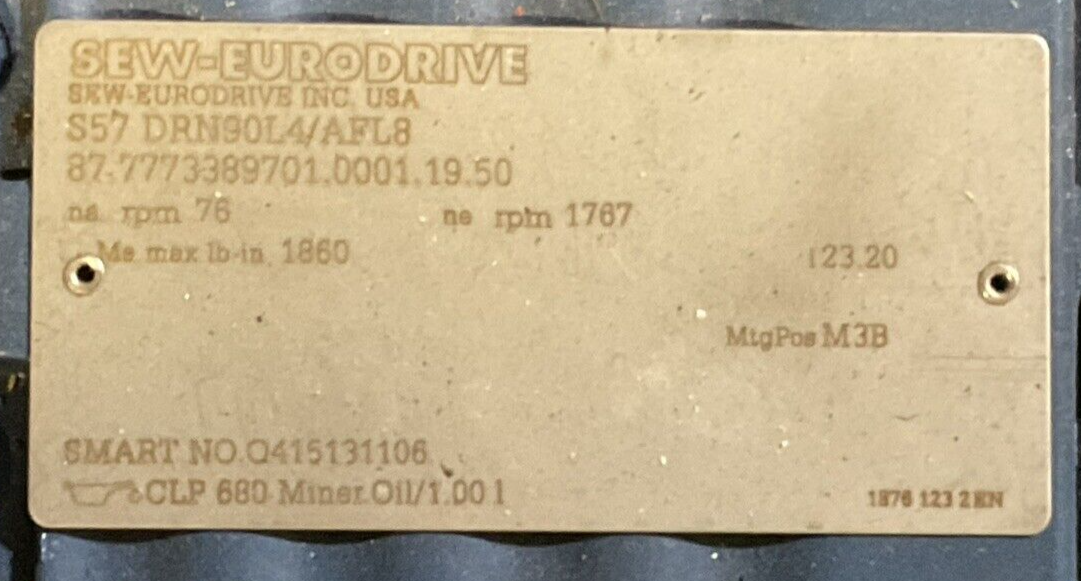 SEW-EURODRIVE S57 DRN90L4/AFL8 GEAR MOTOR HZ 60 rpm 1767/76 V460 Y