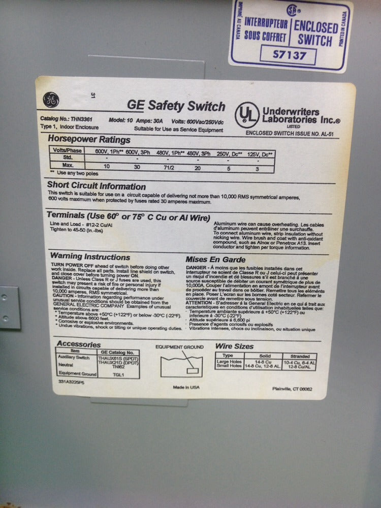 GENERAL ELECTRIC THN3361 SAFETY SWITCH MODEL 10 30AMP 600VAC 3PH 30HP 250VDC 5HP