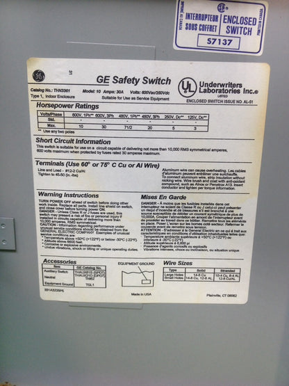 GENERAL ELECTRIC THN3361 SAFETY SWITCH MODEL 10 30AMP 600VAC 3PH 30HP 250VDC 5HP