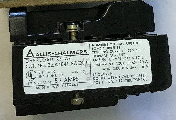 SIEMENS/ALLIS-CHALMERS 3ZA4041-8AQ00 OVERLOAD RELAY 600VAC 5-7AMP