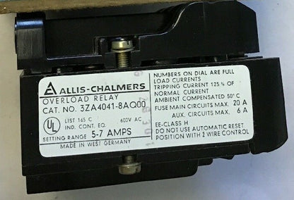 SIEMENS/ALLIS-CHALMERS 3ZA4041-8AQ00 OVERLOAD RELAY 600VAC 5-7AMP