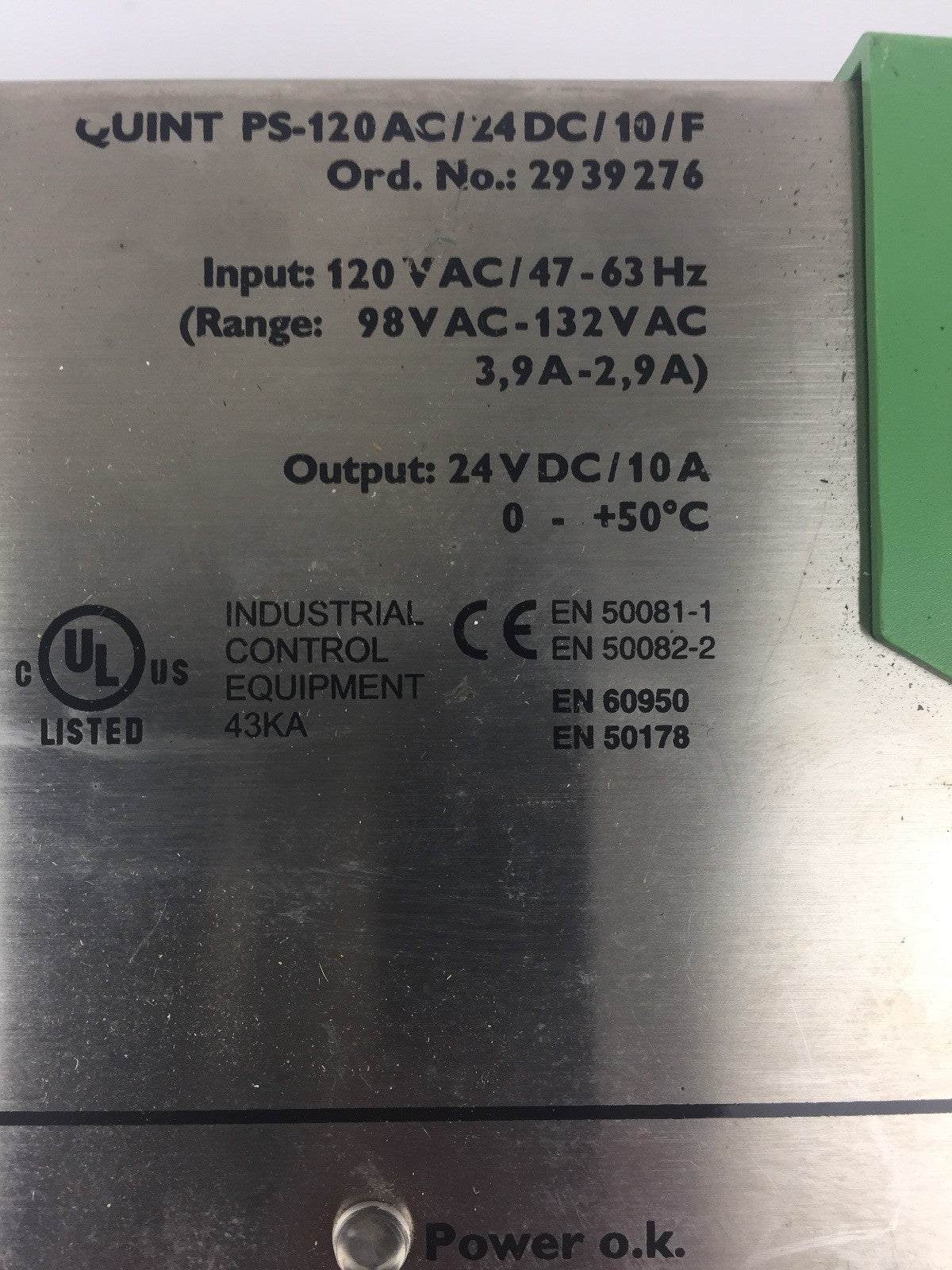 PHOENIX CONTACT QUINT PS-120AC/24DC/10/F POWER SUPPLY 120VAC 47-63HZ 24VDC 10A