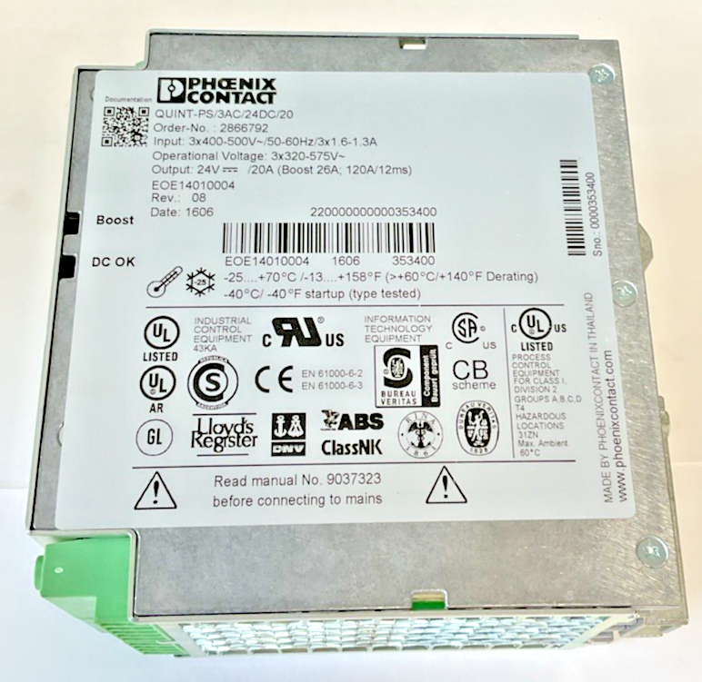 PHOENIX CONTACT PS/3AC/24DC/20 POWER SUPPLY 500VAC 50/60HZ REV.08