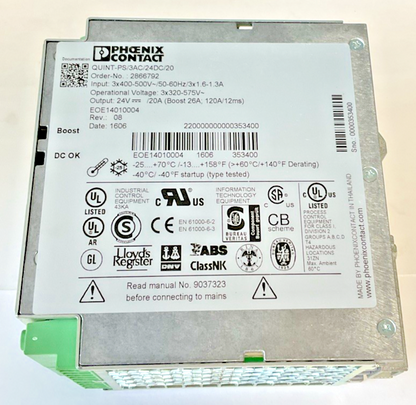 PHOENIX CONTACT PS/3AC/24DC/20 POWER SUPPLY 500VAC 50/60HZ REV.08