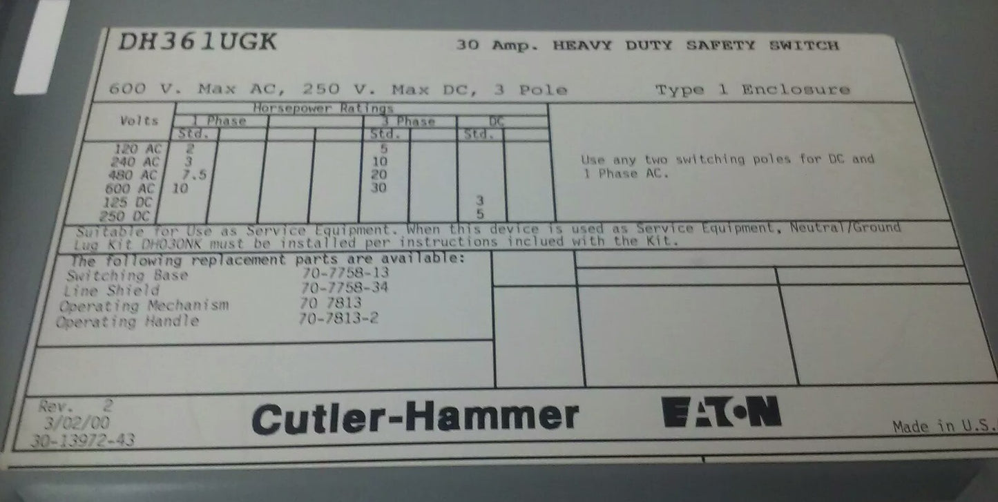 CUTLER HAMMER DH361UGK NON-FUSIBLE SAFETY SWITCH 3P 30A 600V 30HP TYPE 1