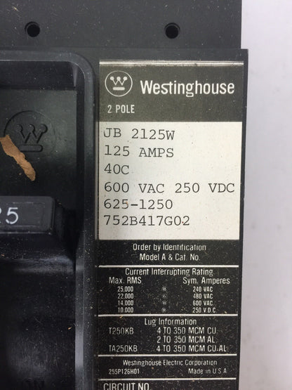WESTINGHOUSE JB2125W AB DEION CIRCUIT BREAKER 125A 600VAC 250VDC 2 POLE