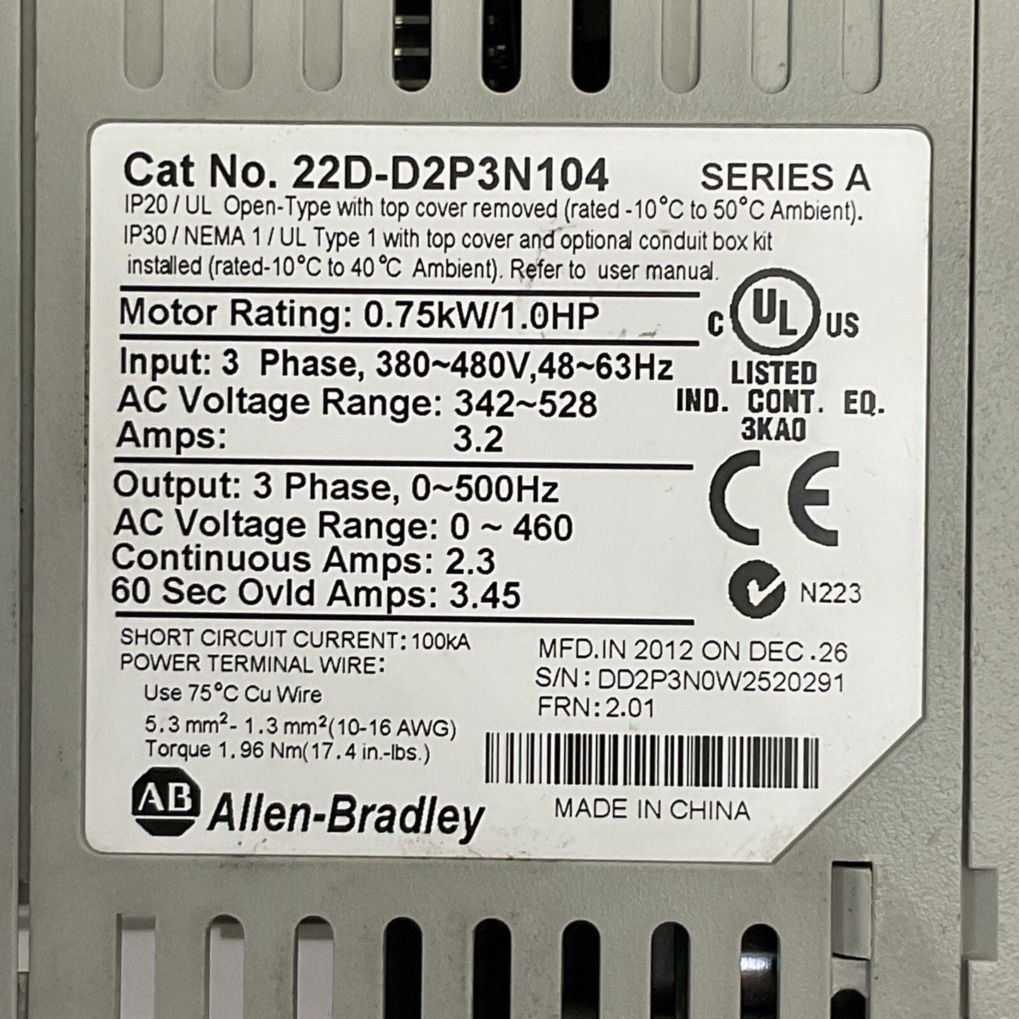 ALLEN BRADLEY 22D-D2P3N104 SER A FRN 2.01 AC DRIVE OUTPUT 0-460VAC