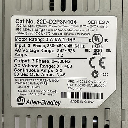ALLEN BRADLEY 22D-D2P3N104 SER A FRN 2.01 AC DRIVE OUTPUT 0-460VAC